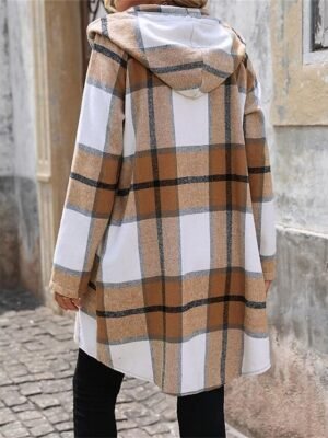 Stylish Casual Regular Fit Stripes and Plaid Hoodie Long Sleeve Long Coat - Image 2