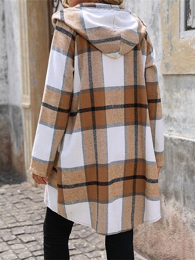 Stylish Casual Regular Fit Stripes and Plaid Hoodie Long Sleeve Long Coat - Image 2