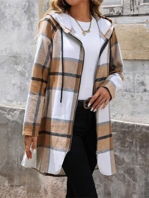 Stylish Casual Regular Fit Stripes and Plaid Hoodie Long Sleeve Long Coat - Image 6