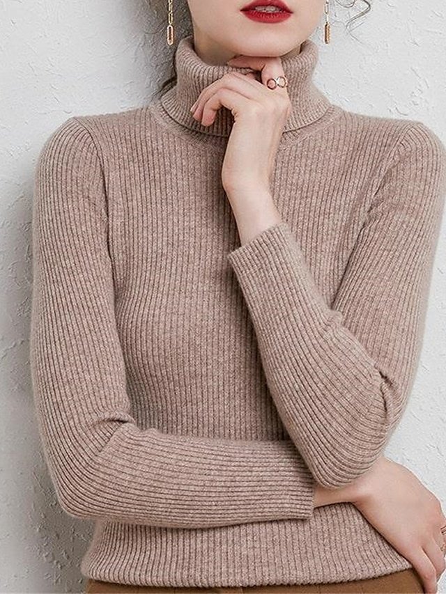 Stylish Casual Regular Solid Turtleneck Oversized Long Sleeve Knit Pullover - Image 1