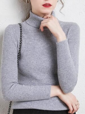 Stylish Casual Regular Solid Turtleneck Oversized Long Sleeve Knit Pullover - Image 15