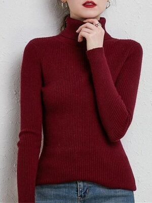 Stylish Casual Regular Solid Turtleneck Oversized Long Sleeve Knit Pullover - Image 16