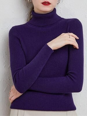 Stylish Casual Regular Solid Turtleneck Oversized Long Sleeve Knit Pullover - Image 20