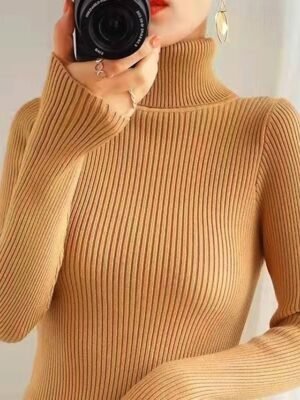 Stylish Casual Regular Solid Turtleneck Oversized Long Sleeve Knit Pullover - Image 4