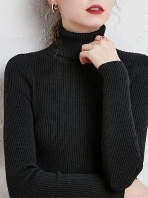 Stylish Casual Regular Solid Turtleneck Oversized Long Sleeve Knit Pullover - Image 8