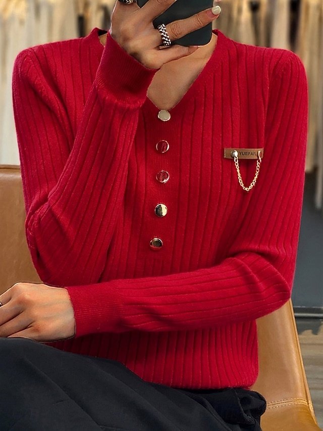 Stylish Casual Soft Solid V Neck Button Long Sleeve Regular Jumper - Image 1