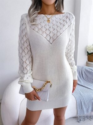 Stylish Casual Solid Crew Neck Long Sleeve Knit Sweater Dress - Image 11