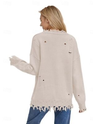 Stylish Casual Solid Crew Neck Print Drop Shoulder Long Sleeve Knit Top - Image 2