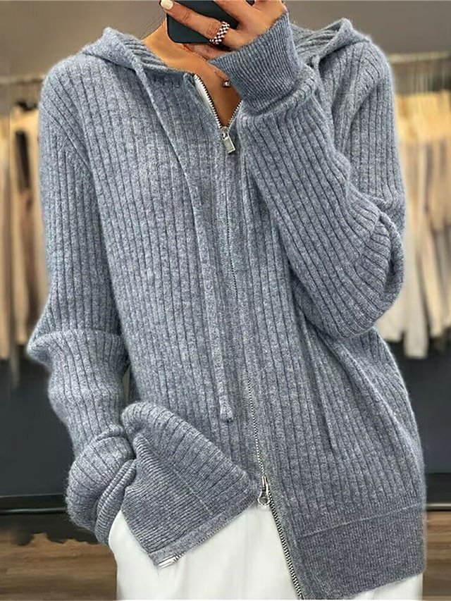Stylish Casual Solid Ribbed Hooded Long Sleeve Regular Cardigan - Image 1