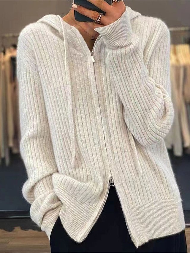 Stylish Casual Solid Ribbed Hooded Long Sleeve Regular Cardigan - Image 2