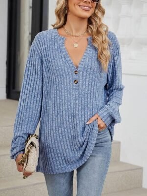 Stylish Casual Solid Ribbed V Neck Long Sleeve Regular Knit Top - Image 1
