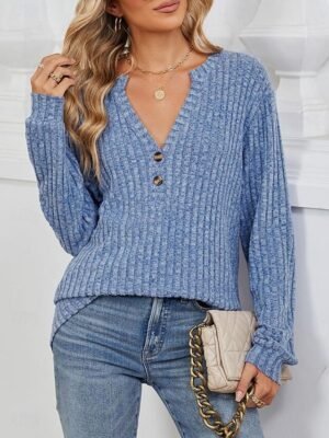 Stylish Casual Solid Ribbed V Neck Long Sleeve Regular Knit Top - Image 2