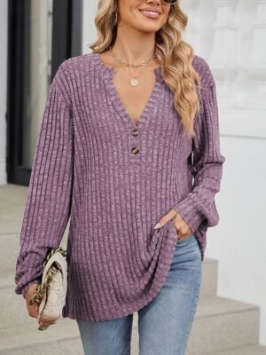 Stylish Casual Solid Ribbed V Neck Long Sleeve Regular Knit Top - Image 3