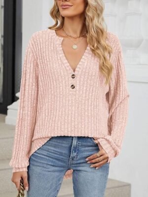 Stylish Casual Solid Ribbed V Neck Long Sleeve Regular Knit Top - Image 4