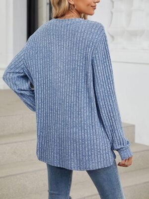 Stylish Casual Solid Ribbed V Neck Long Sleeve Regular Knit Top - Image 5