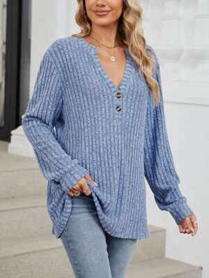 Stylish Casual Solid Ribbed V Neck Long Sleeve Regular Knit Top - Image 6