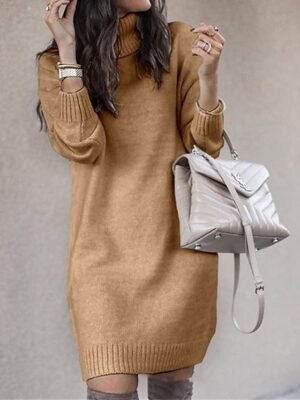 Stylish Casual Solid Turtleneck Long Sleeve Long Sweater Dress - Image 1