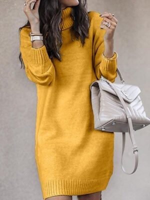 Stylish Casual Solid Turtleneck Long Sleeve Long Sweater Dress - Image 4