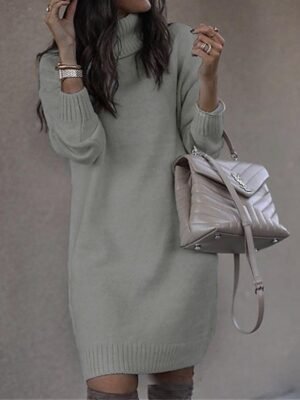 Stylish Casual Solid Turtleneck Long Sleeve Long Sweater Dress - Image 6