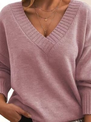 Stylish Casual Solid V Neck Long Sleeve Knit Top - Image 1