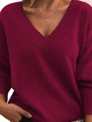 Stylish Casual Solid V Neck Long Sleeve Knit Top - Image 10