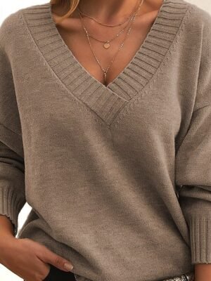 Stylish Casual Solid V Neck Long Sleeve Knit Top - Image 3