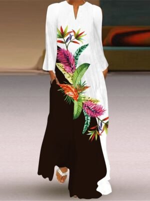 Stylish Casual Swing Feather Butterfly Print V Neck Long Sleeve Maxi Dress - Image 2