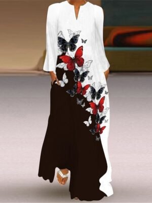 Stylish Casual Swing Feather Butterfly Print V Neck Long Sleeve Maxi Dress - Image 3