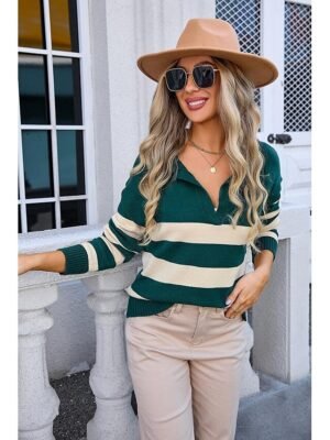 Stylish Chunky Striped Shirt Collar Long Sleeve Long Knit Top - Image 5