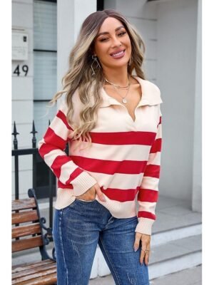 Stylish Chunky Striped Shirt Collar Long Sleeve Long Knit Top - Image 7