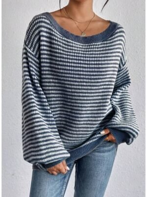 Stylish Graphic Chunky Boat Neck Off Shoulder Stripe Long Sleeve Long Sweater - Image 4