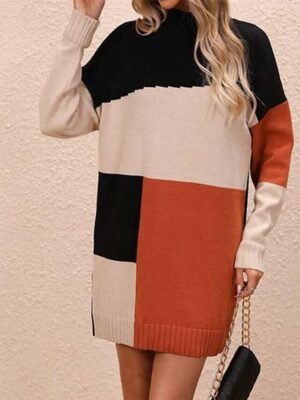 Stylish Loose Colour Block Mock Neck Long Sleeve Long Knit Top - Image 2
