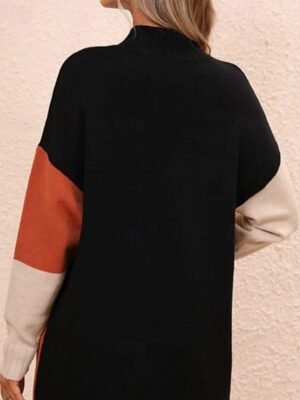 Stylish Loose Colour Block Mock Neck Long Sleeve Long Knit Top - Image 3