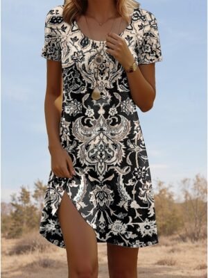 Stylish Loose Fit Ditsy Floral Crew Neck Short Sleeve Mini Dress - Image 50