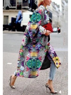 Stylish Loose Floral Print Long Sleeve Long Coat - Image 2