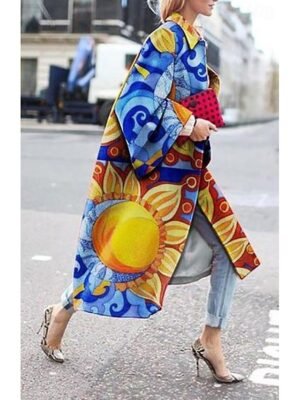 Stylish Loose Floral Print Long Sleeve Long Coat - Image 3