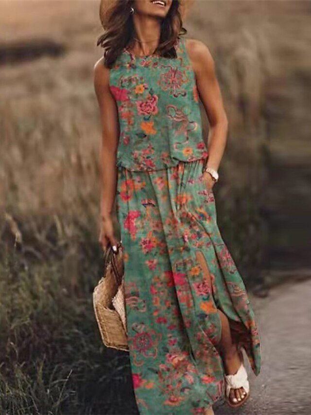 Stylish Loose Floral Rainbow Crew Neck Sleeveless Maxi Dress - Image 1