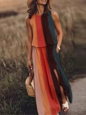 Stylish Loose Floral Rainbow Crew Neck Sleeveless Maxi Dress - Image 5