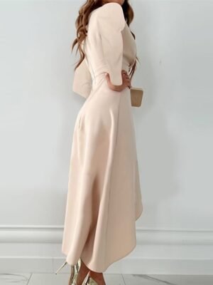 Stylish Loose Pure Colour V Neck Long Sleeve Midi Dress - Image 2