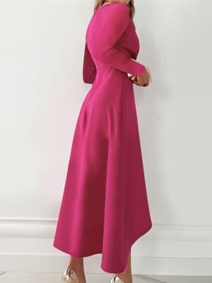 Stylish Loose Pure Colour V Neck Long Sleeve Midi Dress - Image 4