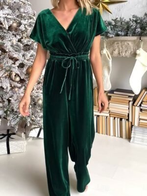 Stylish Loose Solid V Neck Short Sleeve Drawstring Jumpsuit - Image 1