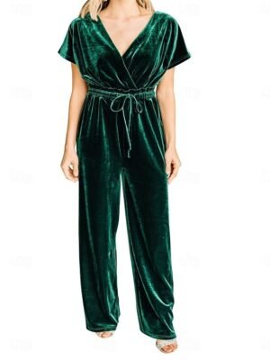 Stylish Loose Solid V Neck Short Sleeve Drawstring Jumpsuit - Image 5