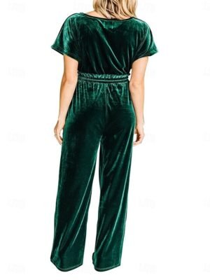 Stylish Loose Solid V Neck Short Sleeve Drawstring Jumpsuit - Image 6