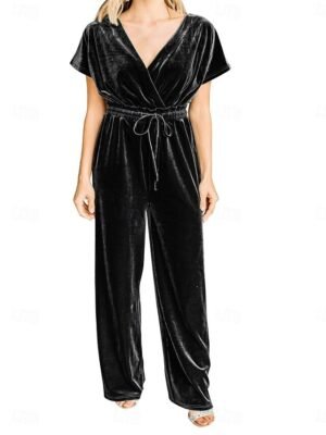 Stylish Loose Solid V Neck Short Sleeve Drawstring Jumpsuit - Image 7
