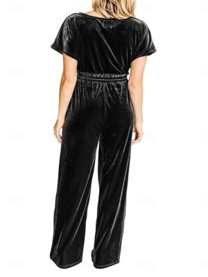 Stylish Loose Solid V Neck Short Sleeve Drawstring Jumpsuit - Image 8