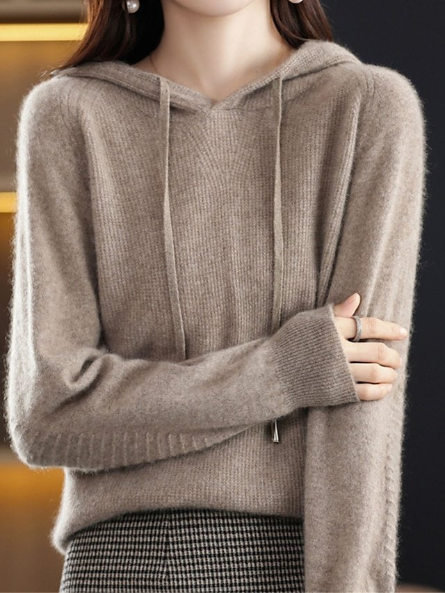 Stylish Oversized Solid Hooded Long Sleeve Regular Knit Jumper - Image 2