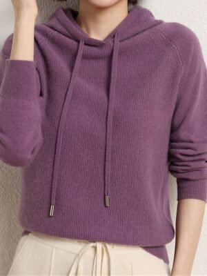 Stylish Oversized Solid Hooded Long Sleeve Regular Knit Jumper - Image 3