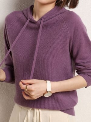 Stylish Oversized Solid Hooded Long Sleeve Regular Knit Jumper - Image 5