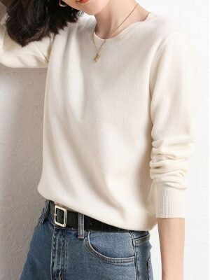 Stylish Oversized Solid Ribbed Crew Neck Long Sleeve Pullover Jumper - Image 9