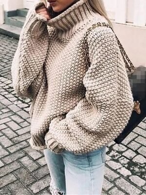 Stylish Oversized Solid Turtleneck Long Sleeve Regular Knit Pullover - Image 1